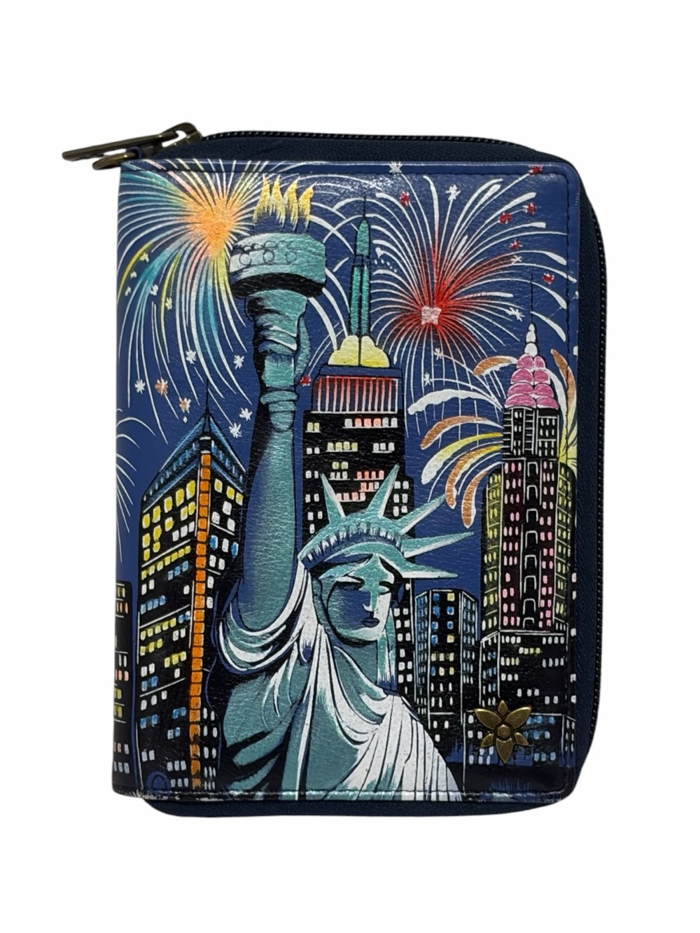 Anuschka Leather Lady Liberty Painted Large Zip Around Wallet